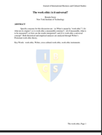 Image of Journal of International Business and Cultural Studies  The work ethic, Page 1 The work ethic: is it universal?